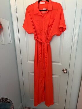 RIVER Silk-Blend Bright Orange Shirt Maxi Dress with Waist Tie